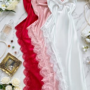 Camisón Largo de Satén con Encaje para Mujer - Vestido Lencero con Abertura Lateral