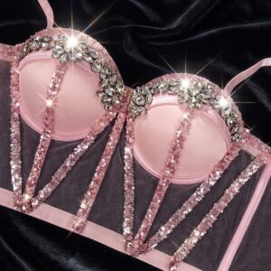 Corsé Bustier de Malla con Lentejuelas y Cristales Embellecidos – Rosa Pastel