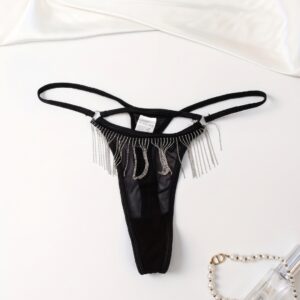 Tanga de Malla Translúcida con Flecos de Cadena de Estrás y Diseño Strappy