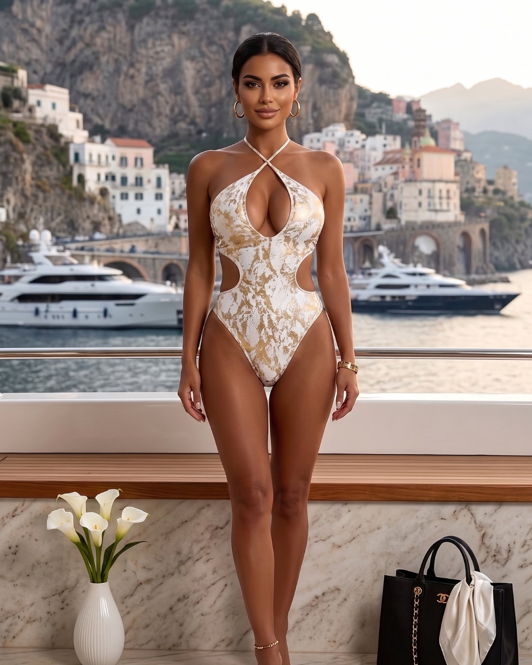 Bañador Triquini Halter con Estampado de Mármol Dorado y Aberturas Cut-Out - Imagen 3