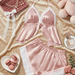 Conjunto de Pijama de Satén para Mujer – Top Halter y Short con Ribete de Encaje